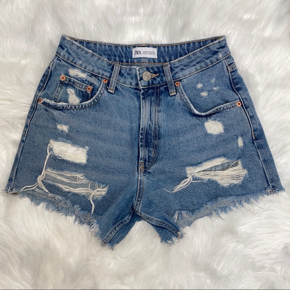 Zara Ripped Denim High Waisted Mom Shorts